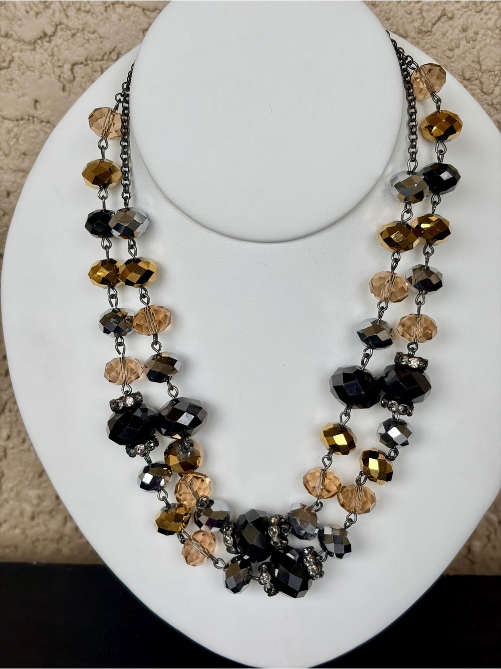 Dazzling Multi-Strand Faceted Glass Bead Necklace in Black and Champagne